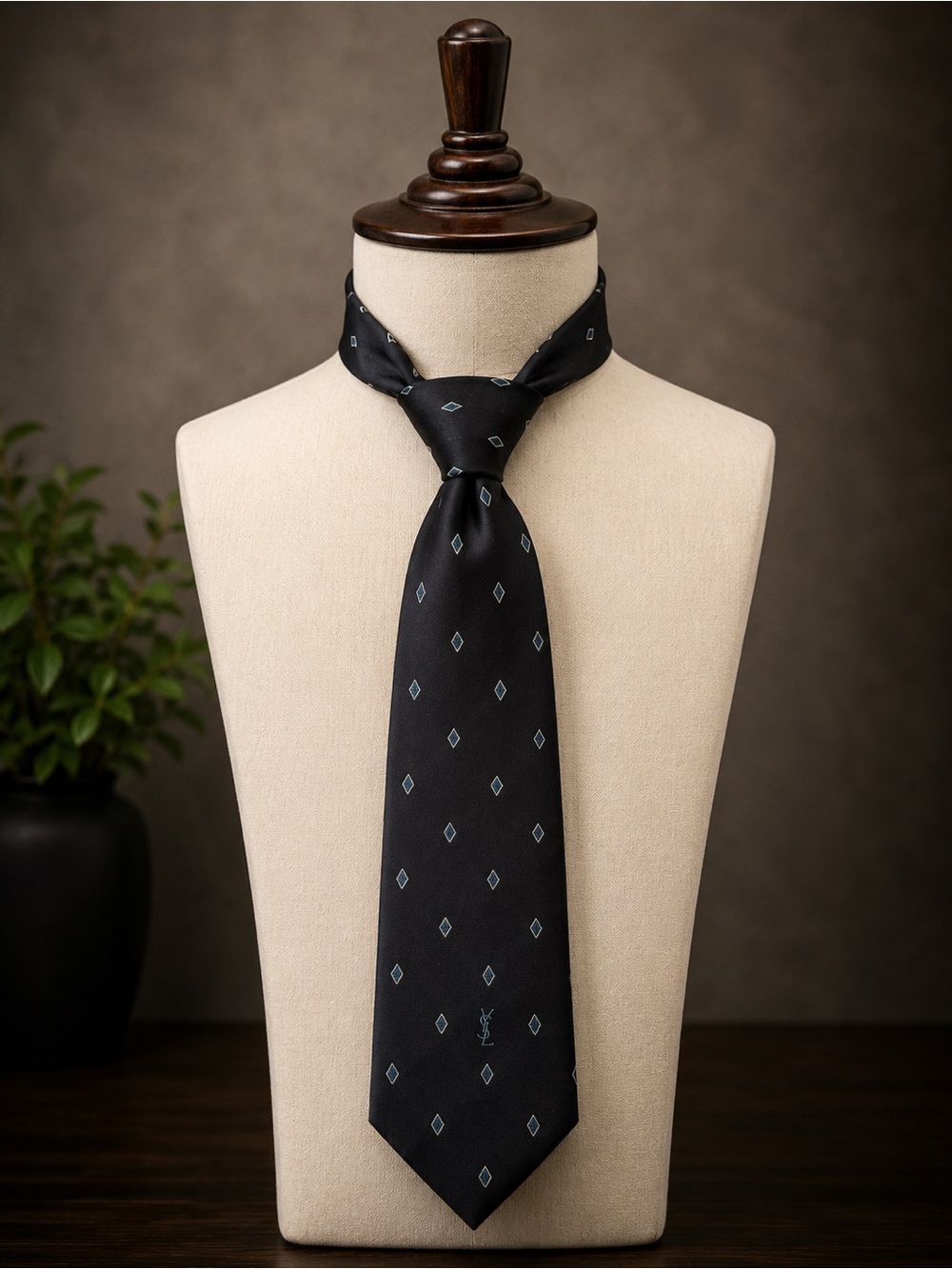 Yves Saint Laurent Vintage Black Silk Tie with Small Diamond Motif